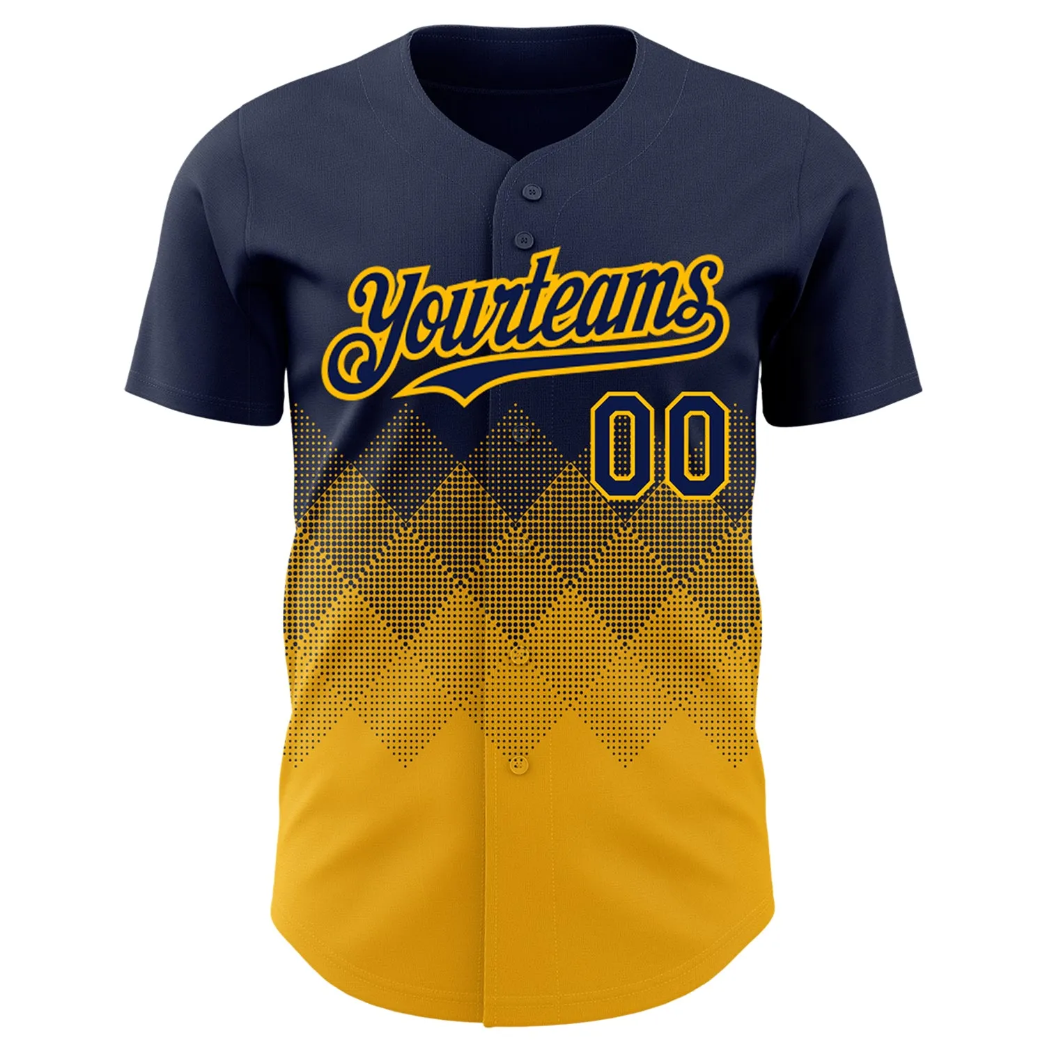 Custom Navy Gold 3D Pattern Design Gradient Square Shapes Authentic Baseball Jersey