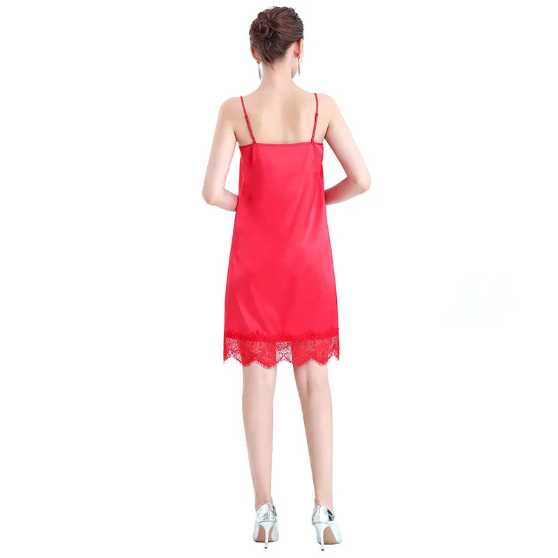 D102 Women solid polyester lace trimmed strappy mini slip dress