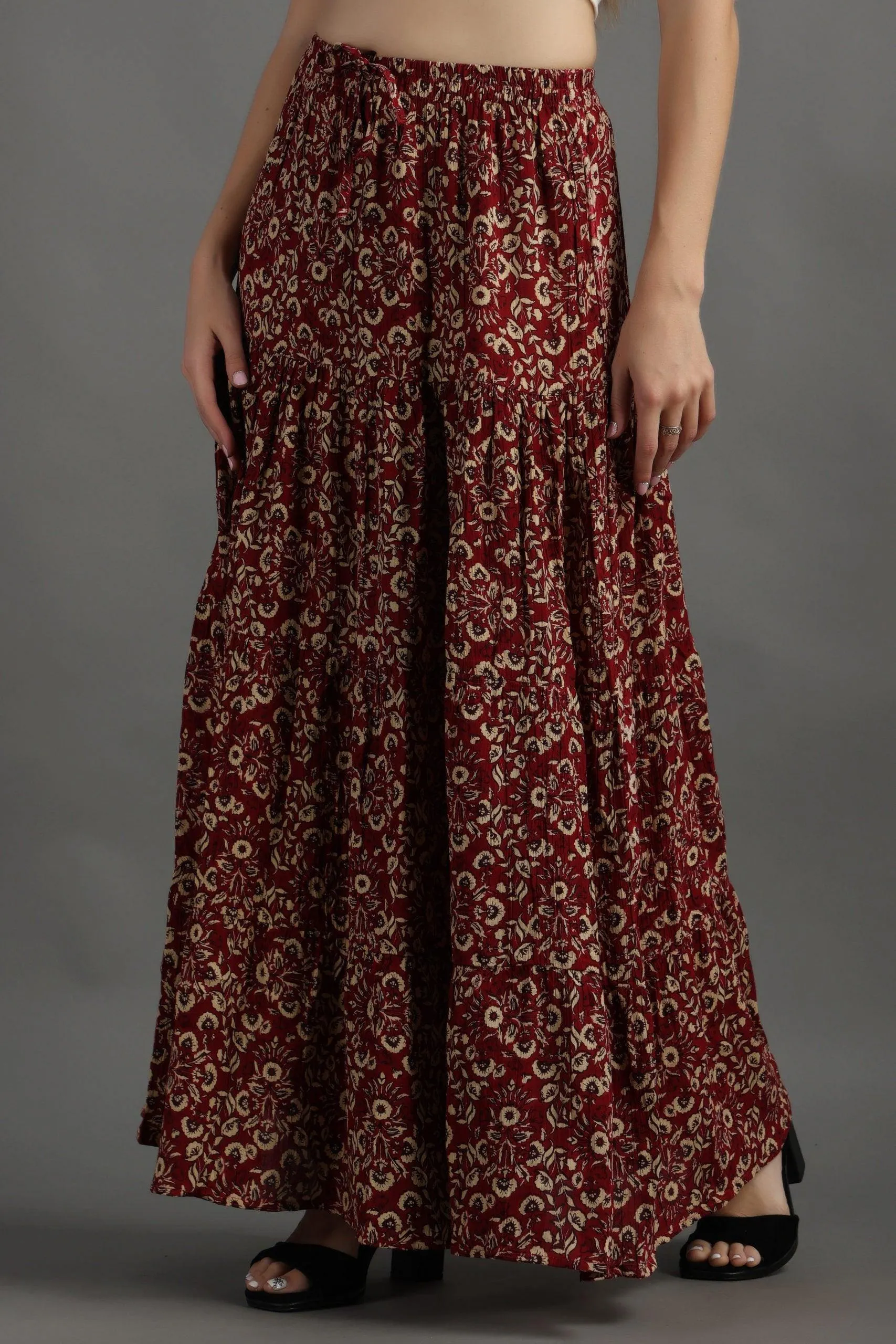 Dark Red Floral Printed Skirt