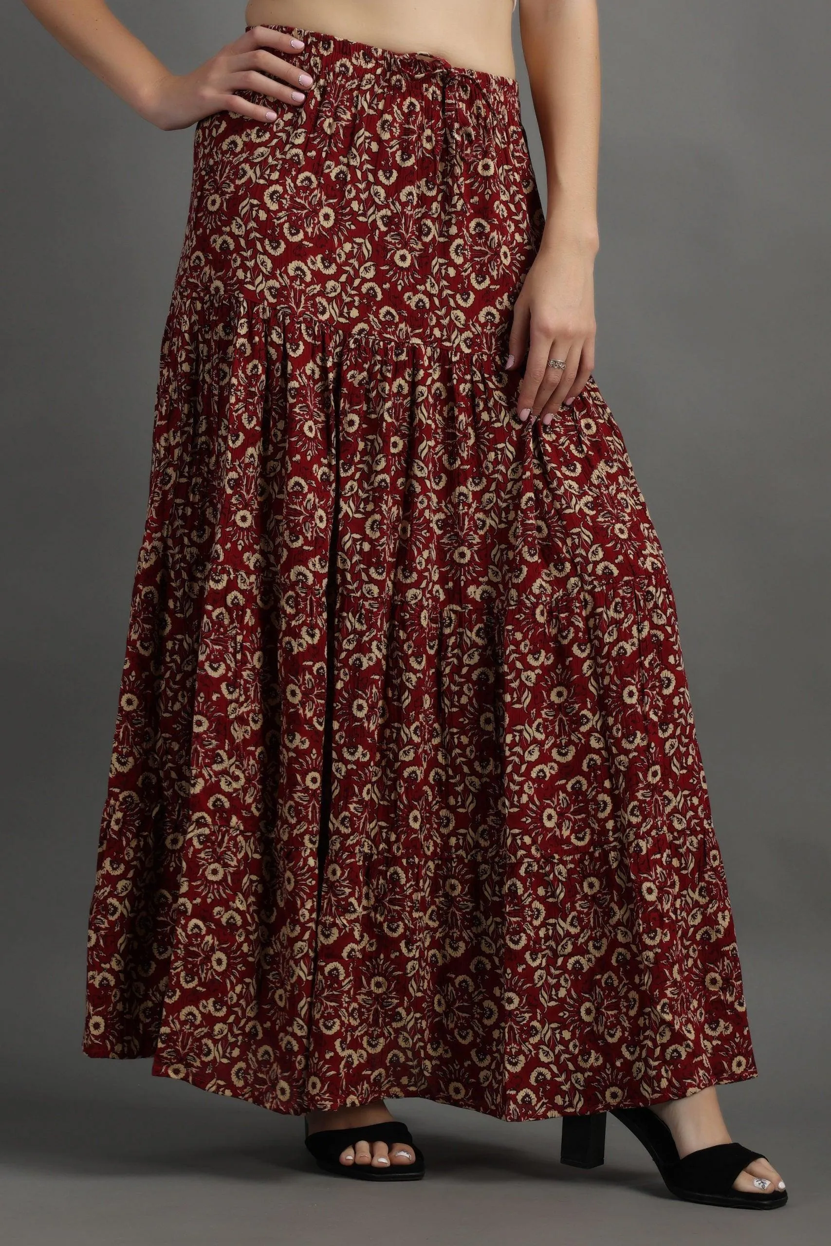 Dark Red Floral Printed Skirt