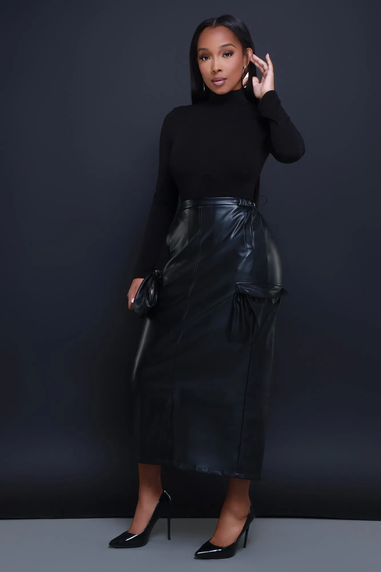 Dark Side Faux Leather Cargo Maxi Skirt - Black