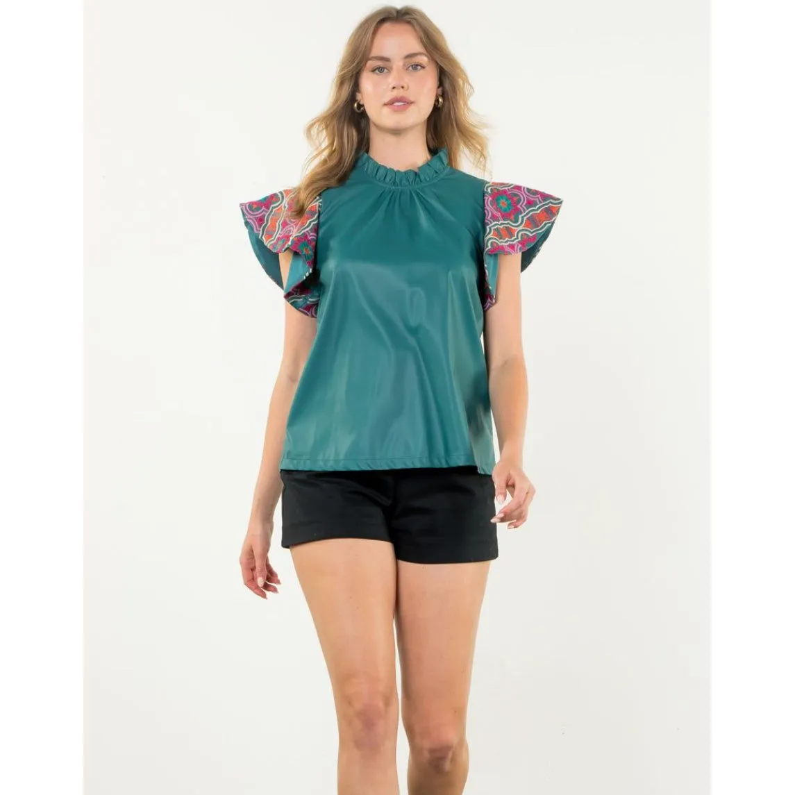 Davie Embroidered Sleeve Teal Leather Textured THML Top