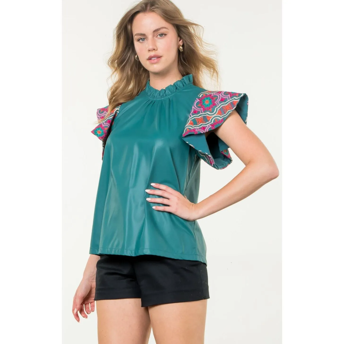 Davie Embroidered Sleeve Teal Leather Textured THML Top