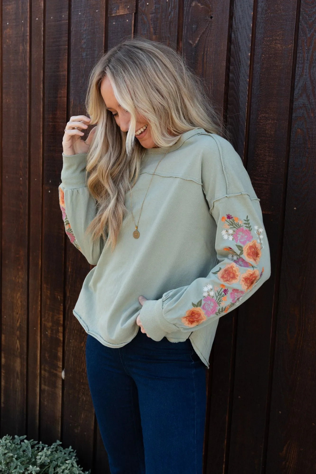 Doriane Embroidered Top - Sage