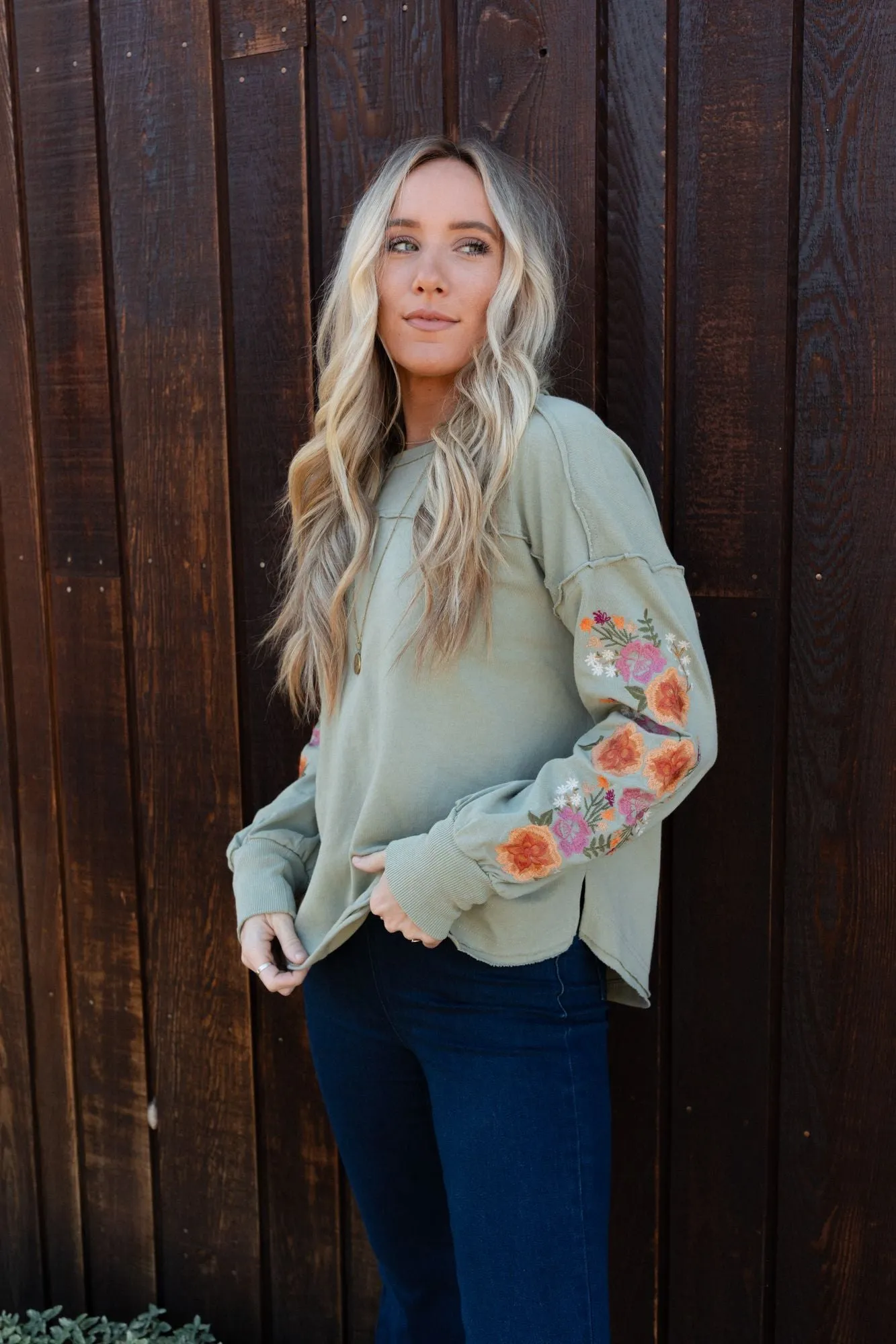 Doriane Embroidered Top - Sage