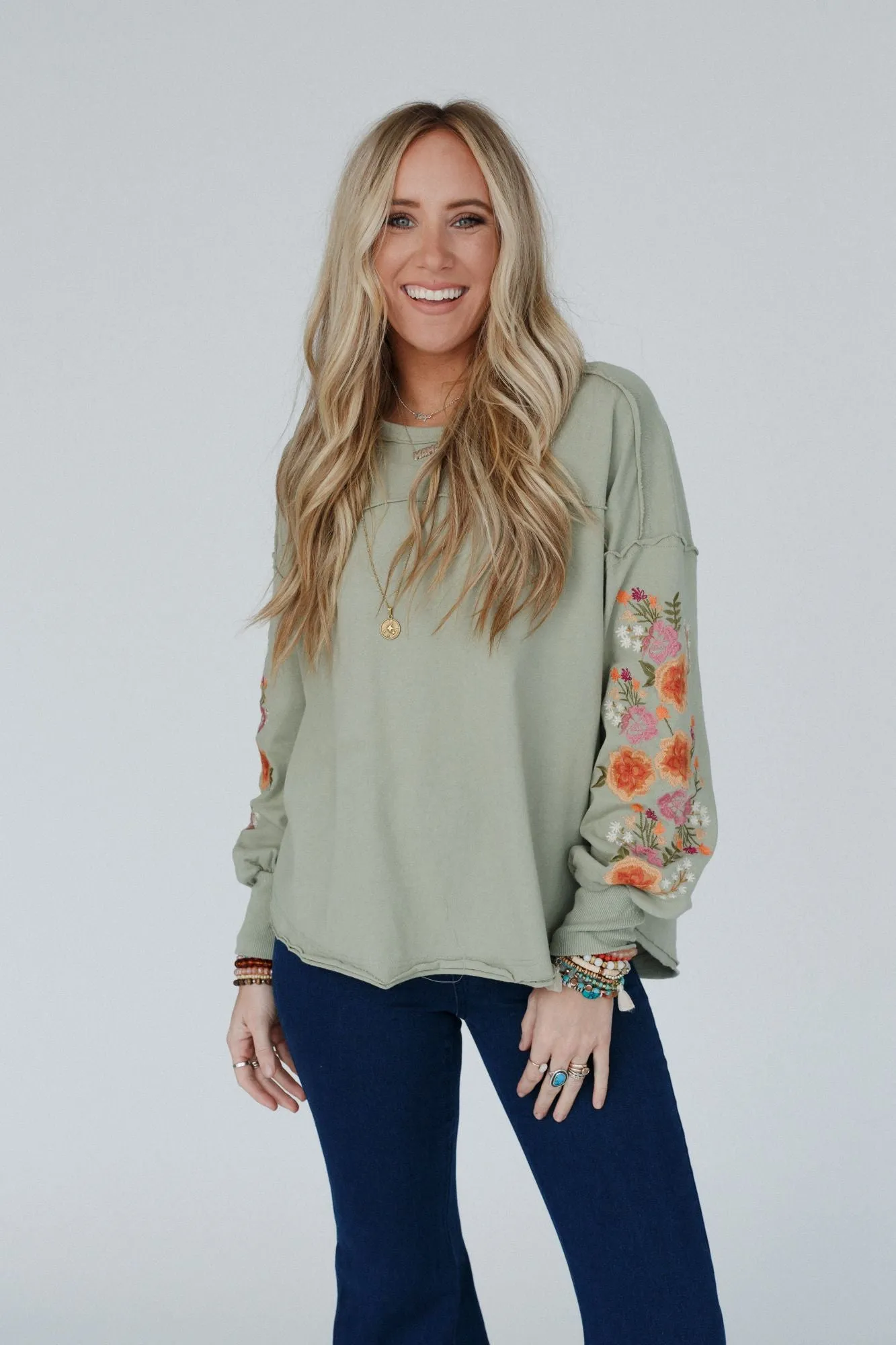 Doriane Embroidered Top - Sage