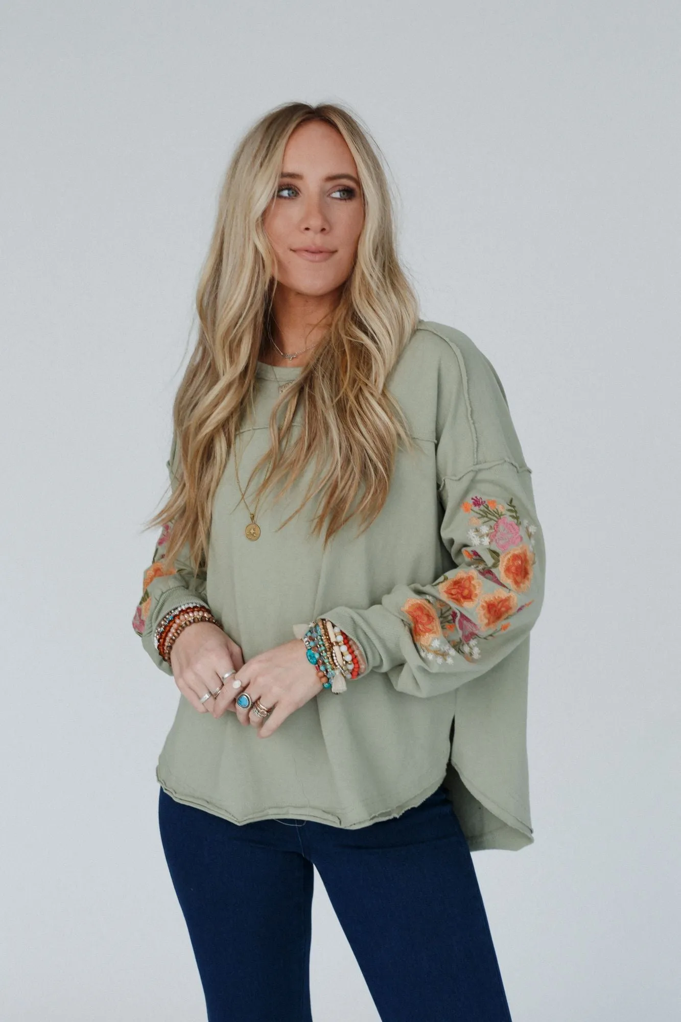 Doriane Embroidered Top - Sage