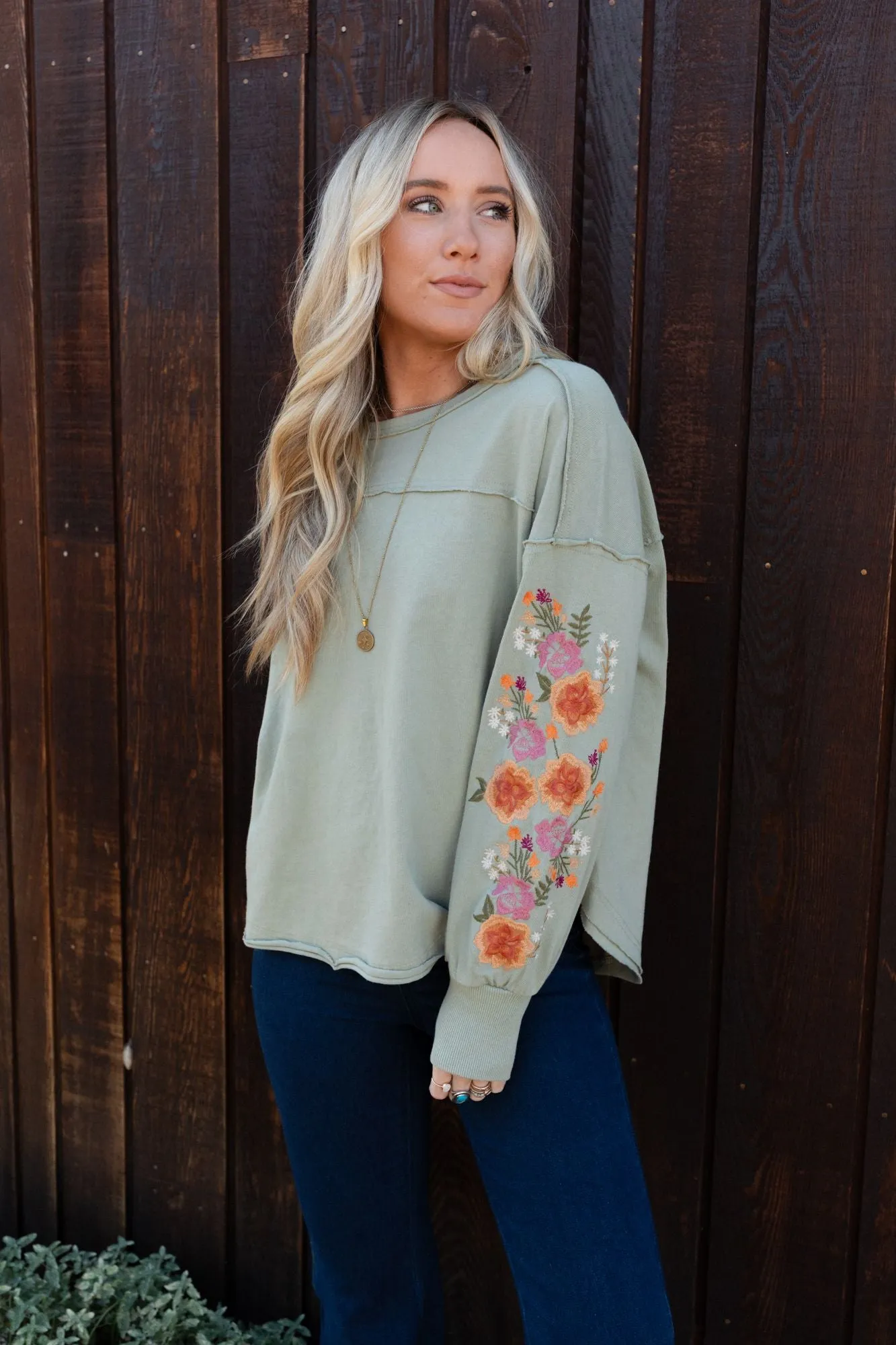 Doriane Embroidered Top - Sage