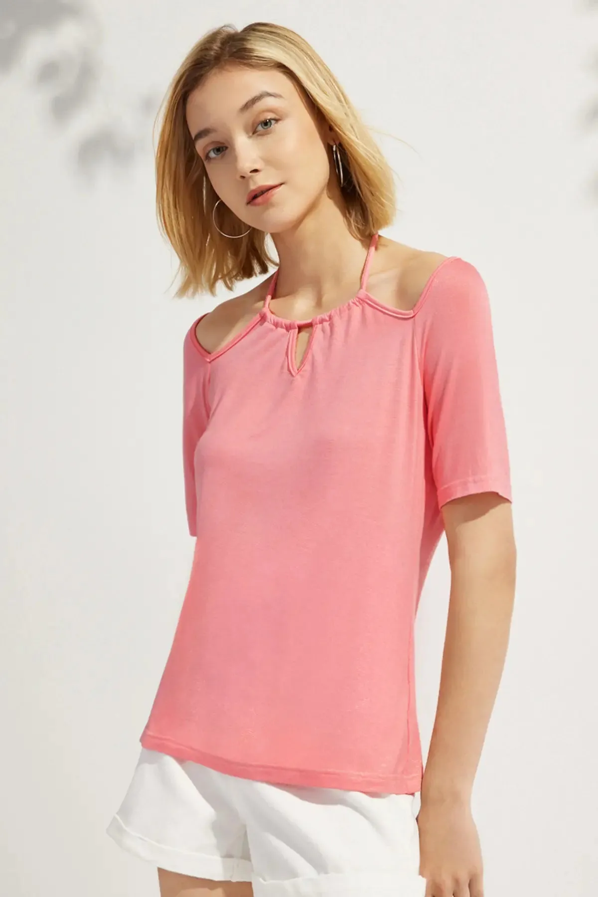 Drawstring Cut Out Tie Back Halter Tee