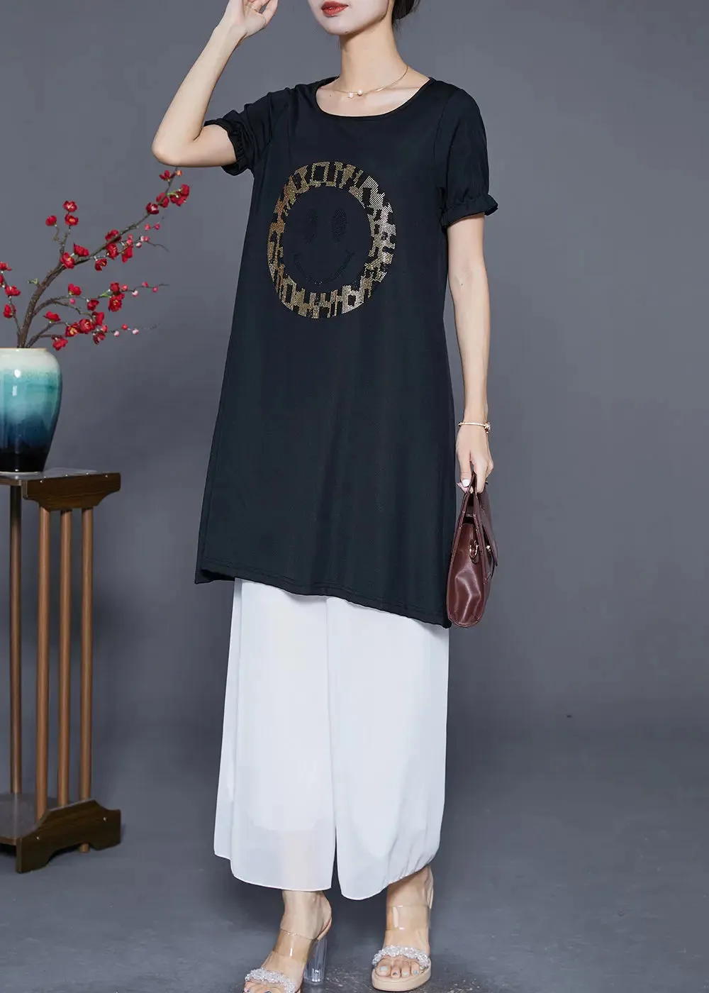 Elegant Black Oversized Smiling Face Zircon Chiffon Dresses Summer LY8039