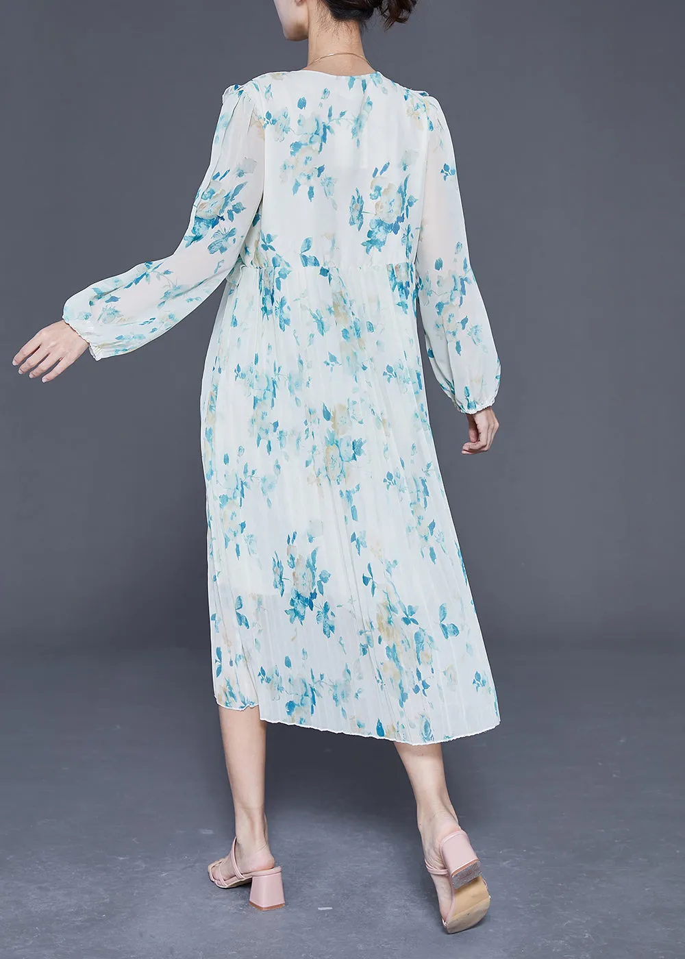 Elegant Blue Ruffled Print Wrinkled Chiffon Party Dress Summer LY3688