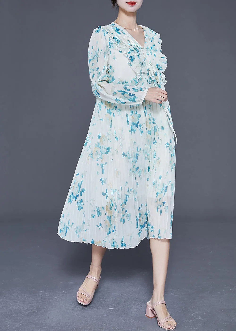 Elegant Blue Ruffled Print Wrinkled Chiffon Party Dress Summer LY3688