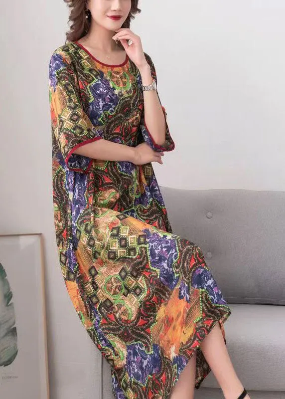 Elegant Colorblock O Neck Print Patchwork Chiffon Dress Summer LY7506