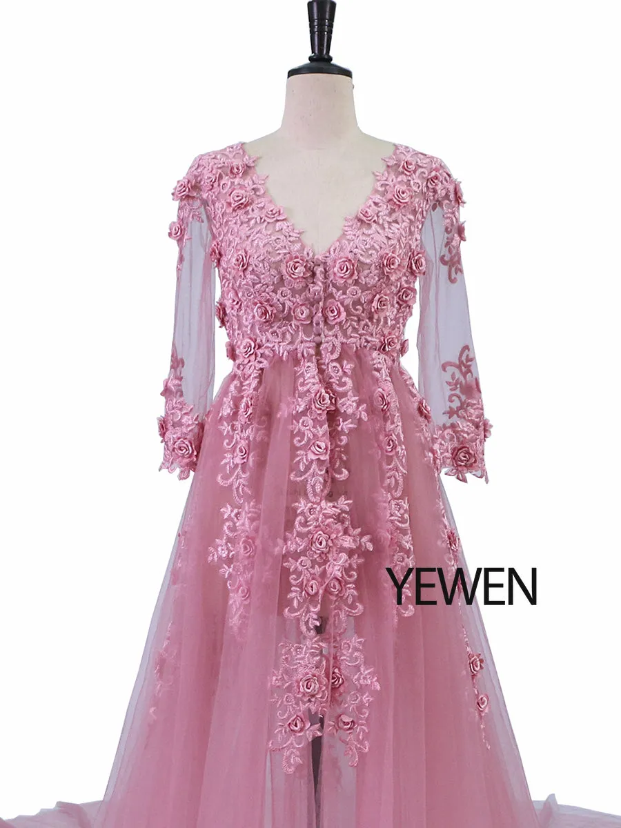 Elegant Tulle Appliques Lace Evening Dresses V-Neck Half Sleeve Open Front Oldrose Beach Style Party Gowns Robe De Soiree YeWen