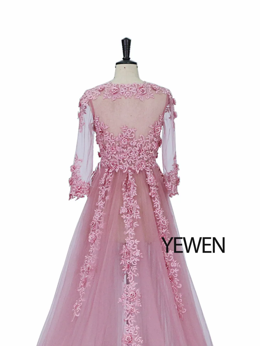 Elegant Tulle Appliques Lace Evening Dresses V-Neck Half Sleeve Open Front Oldrose Beach Style Party Gowns Robe De Soiree YeWen