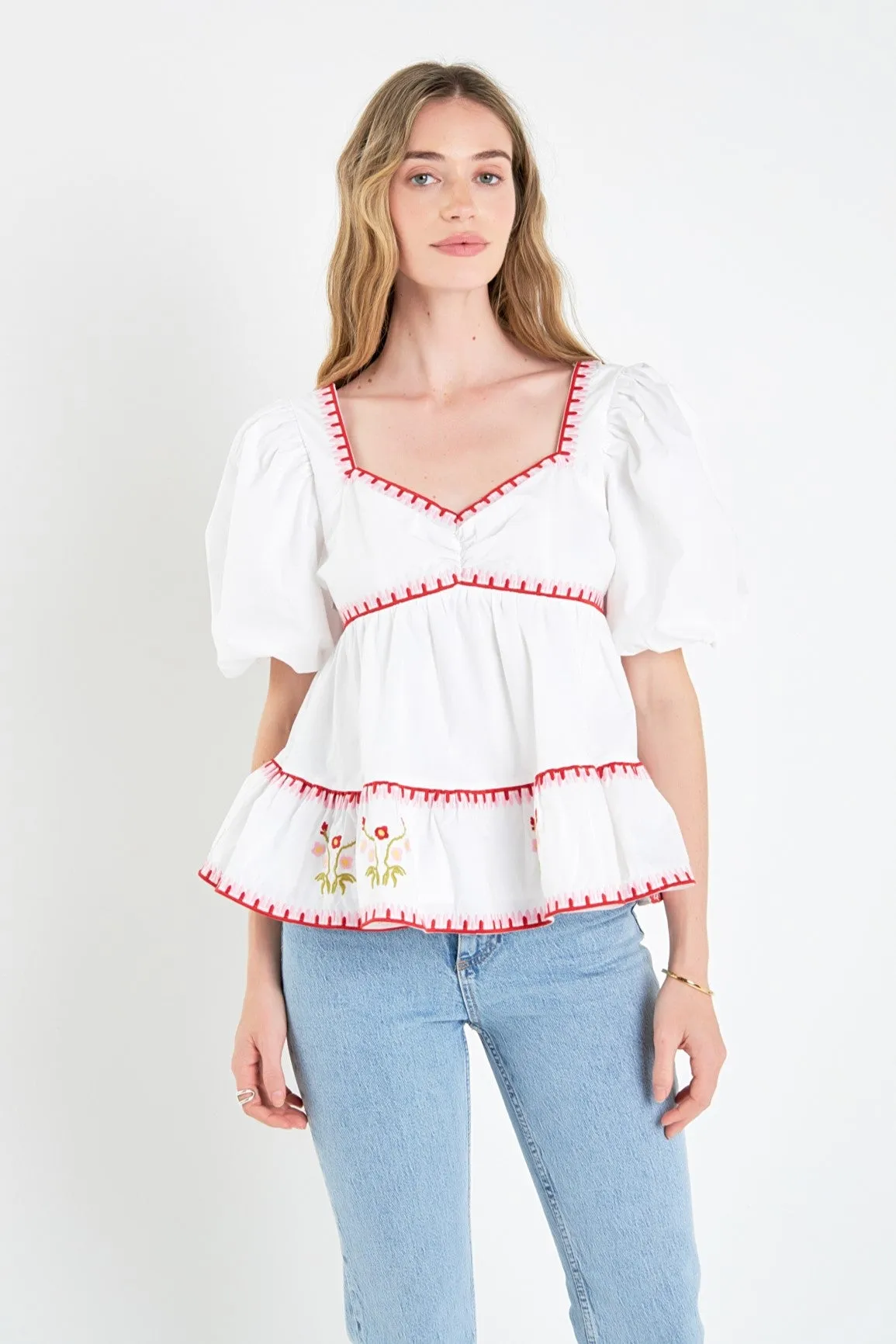 Embroidered Blouson Top