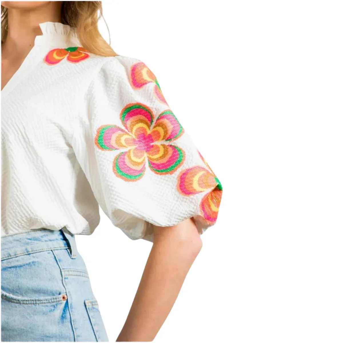 Embroidered Puff Sleeve Textured Top