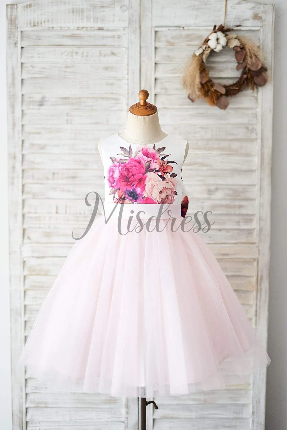 Floral Print Satin Pink Tulle V Back Wedding Flower Girl Dress