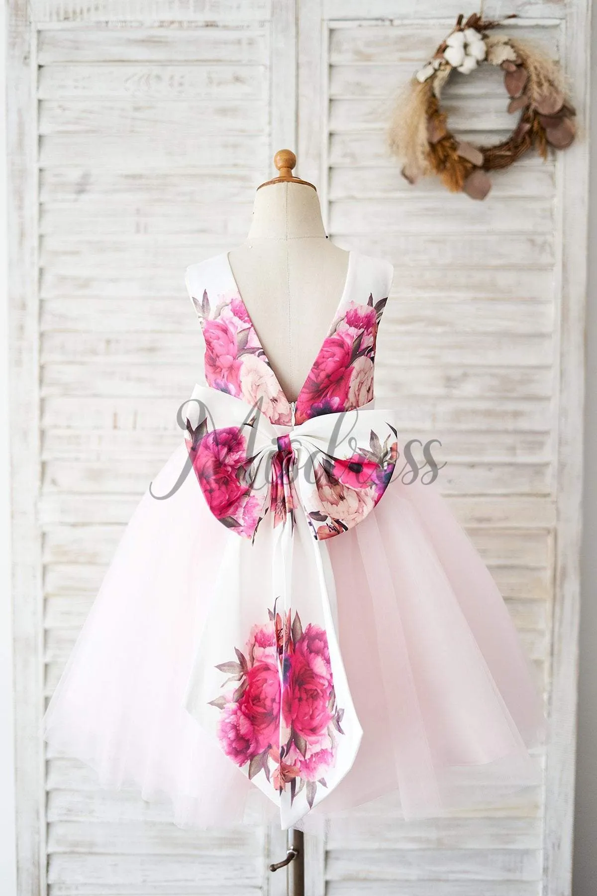 Floral Print Satin Pink Tulle V Back Wedding Flower Girl Dress