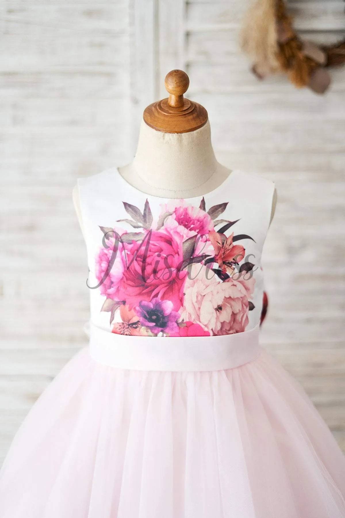 Floral Print Satin Pink Tulle V Back Wedding Flower Girl Dress