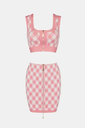 Gingham Zip Front Crop Top and Skirt Set