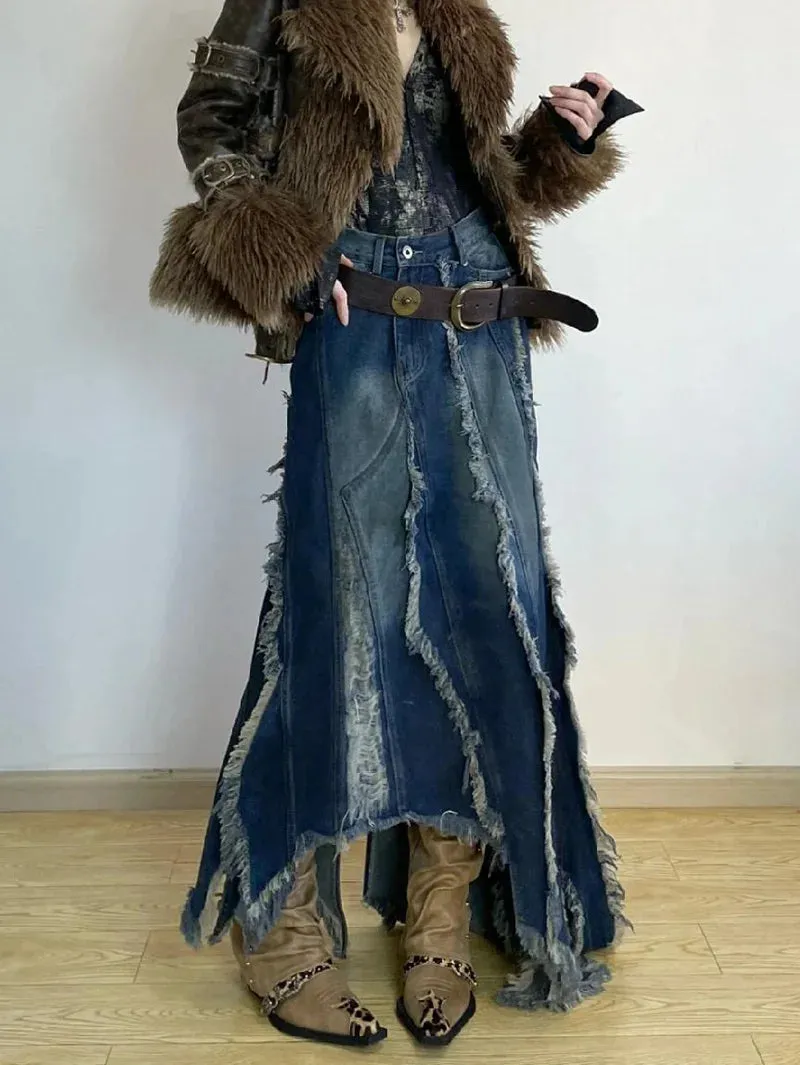 Girlary Women Denim Skirt Y2k Emo 2000s Clothes Long Skirt Harajuku Korean 90s Fashion Vintage Gradient A-line Jean Skirt Grunge Clothes