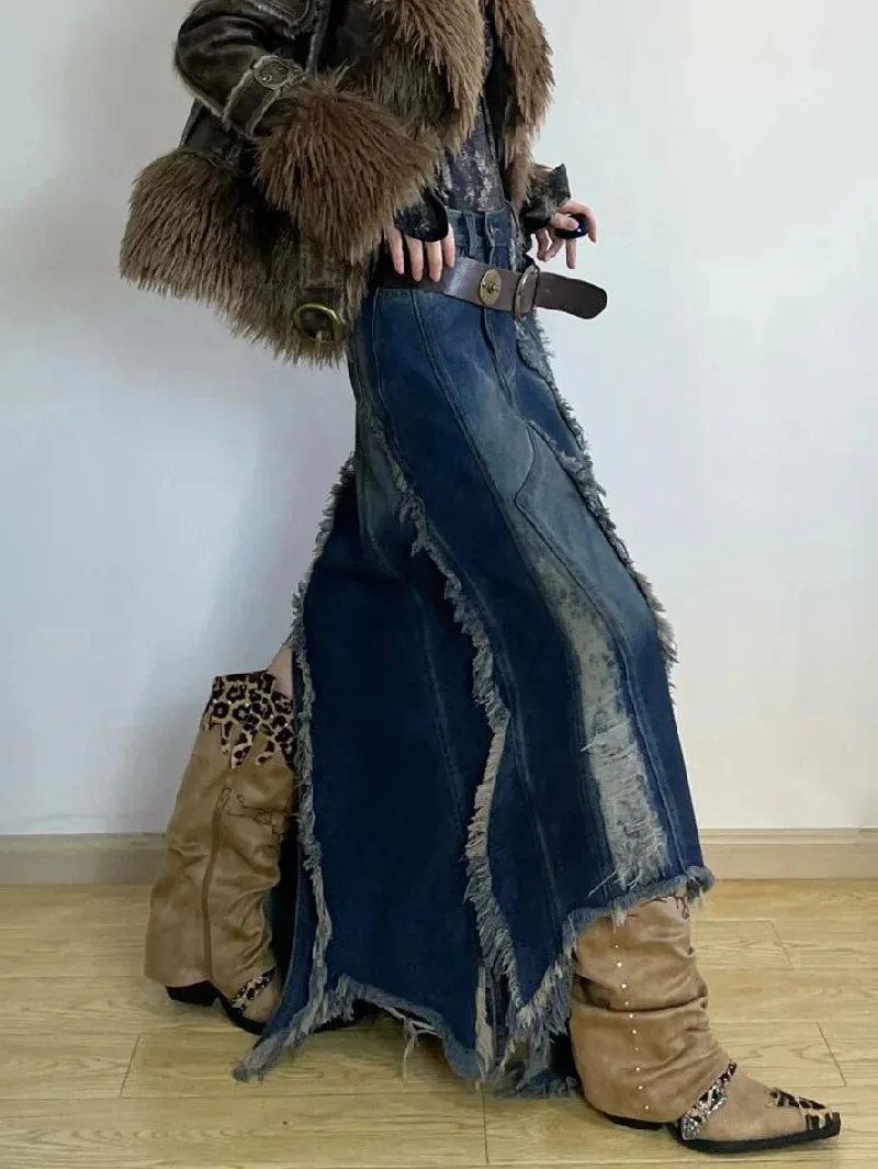 Girlary Women Denim Skirt Y2k Emo 2000s Clothes Long Skirt Harajuku Korean 90s Fashion Vintage Gradient A-line Jean Skirt Grunge Clothes