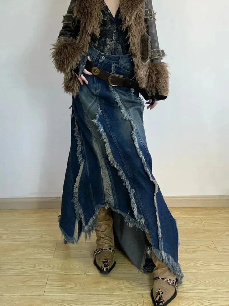 Girlary Women Denim Skirt Y2k Emo 2000s Clothes Long Skirt Harajuku Korean 90s Fashion Vintage Gradient A-line Jean Skirt Grunge Clothes