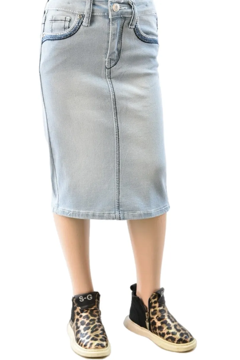 Girls Pencil Denim Skirt in Light Indigo Style 79153