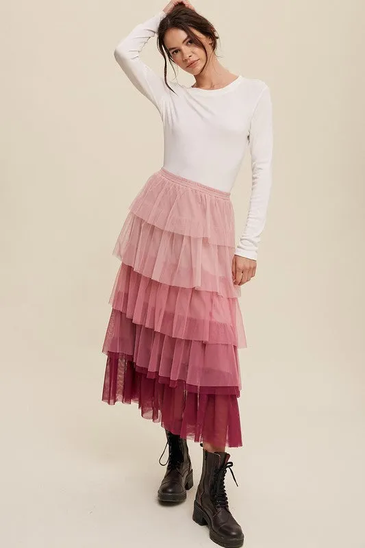 Gradient Style Tiered Mesh Maxi Skirt