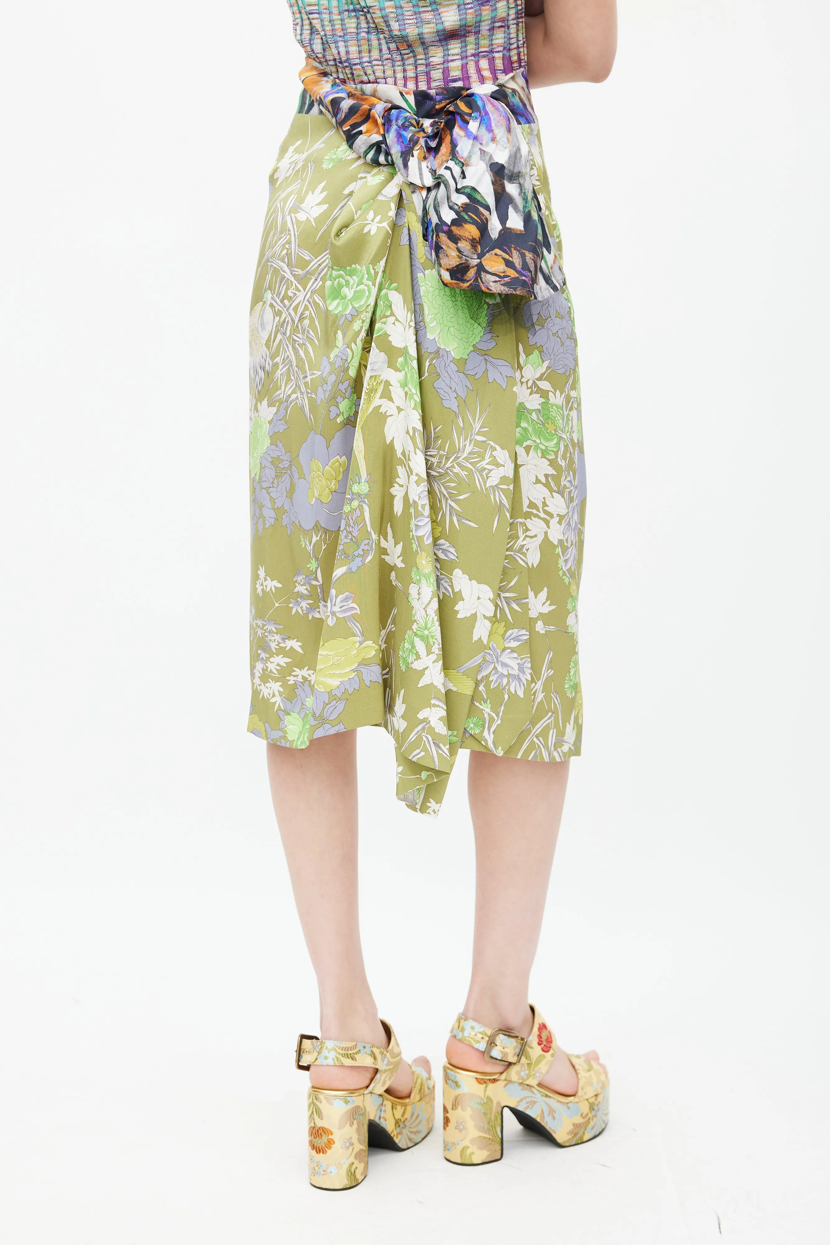 Green & Multicolour Floral Sarong Skirt