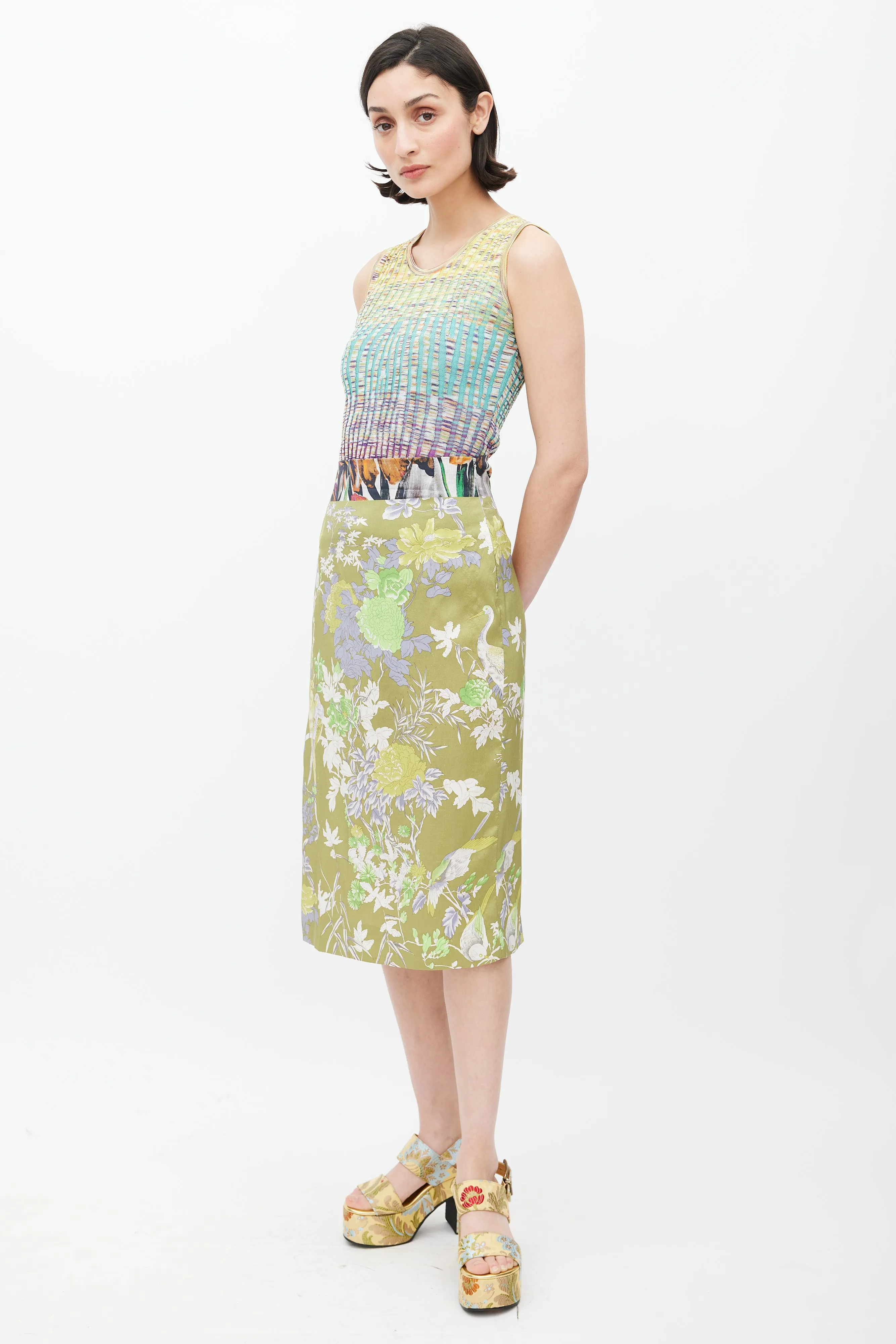 Green & Multicolour Floral Sarong Skirt