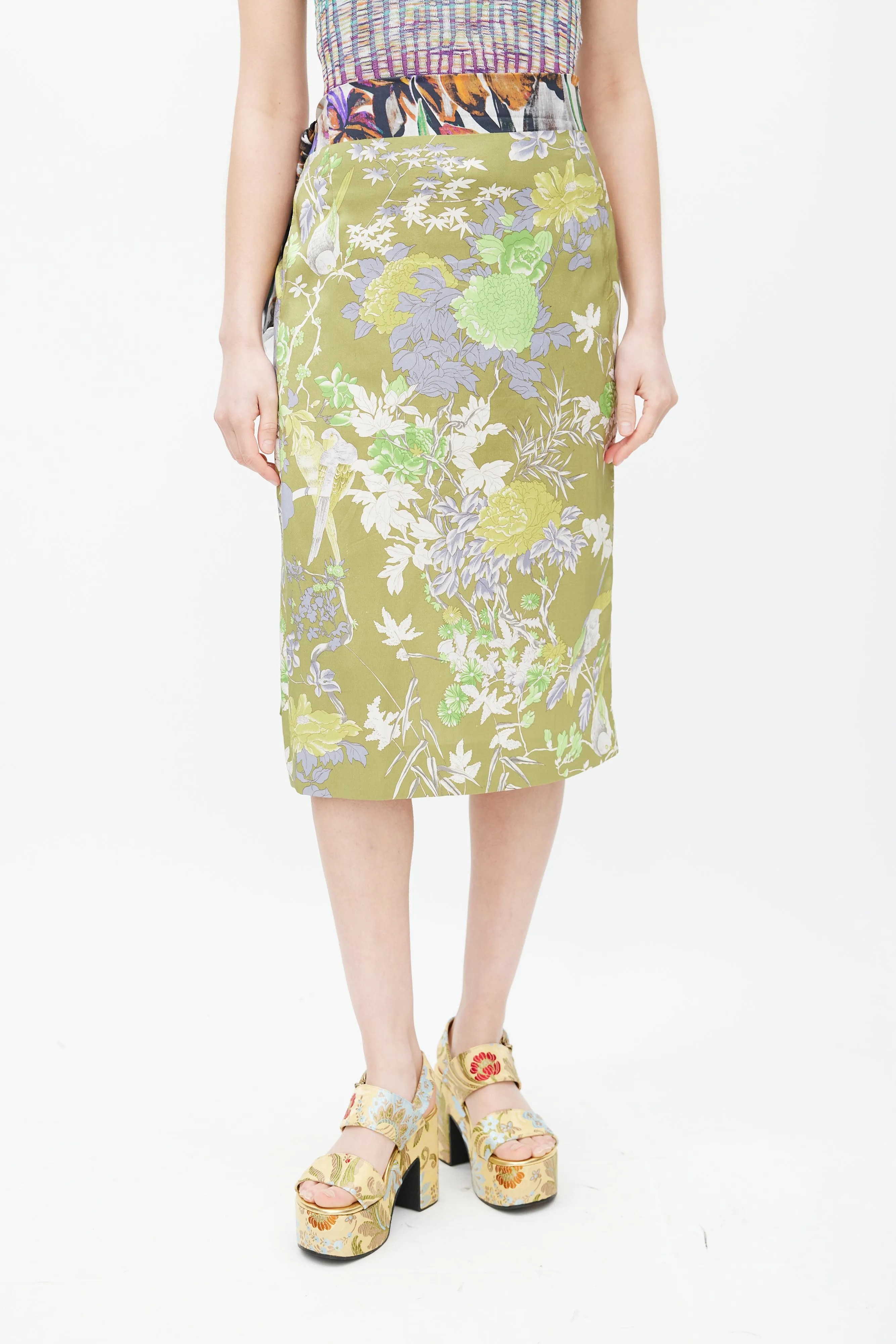 Green & Multicolour Floral Sarong Skirt