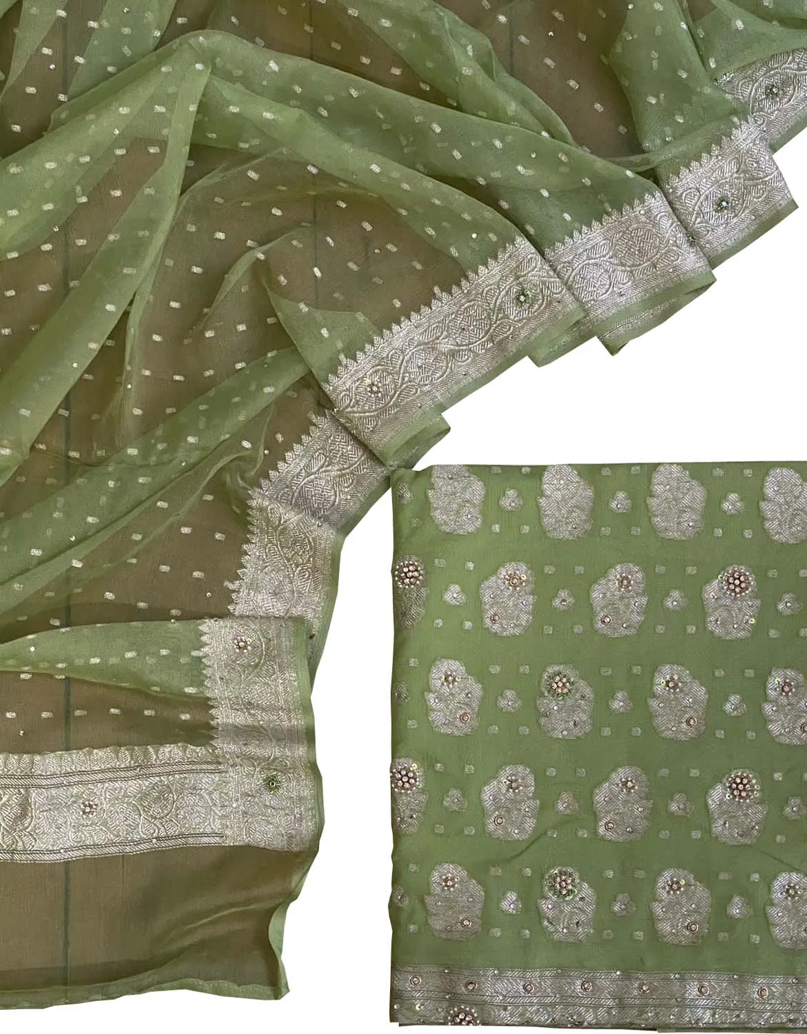 Green Banarasi Chiffon Suit Set with Zardozi Work