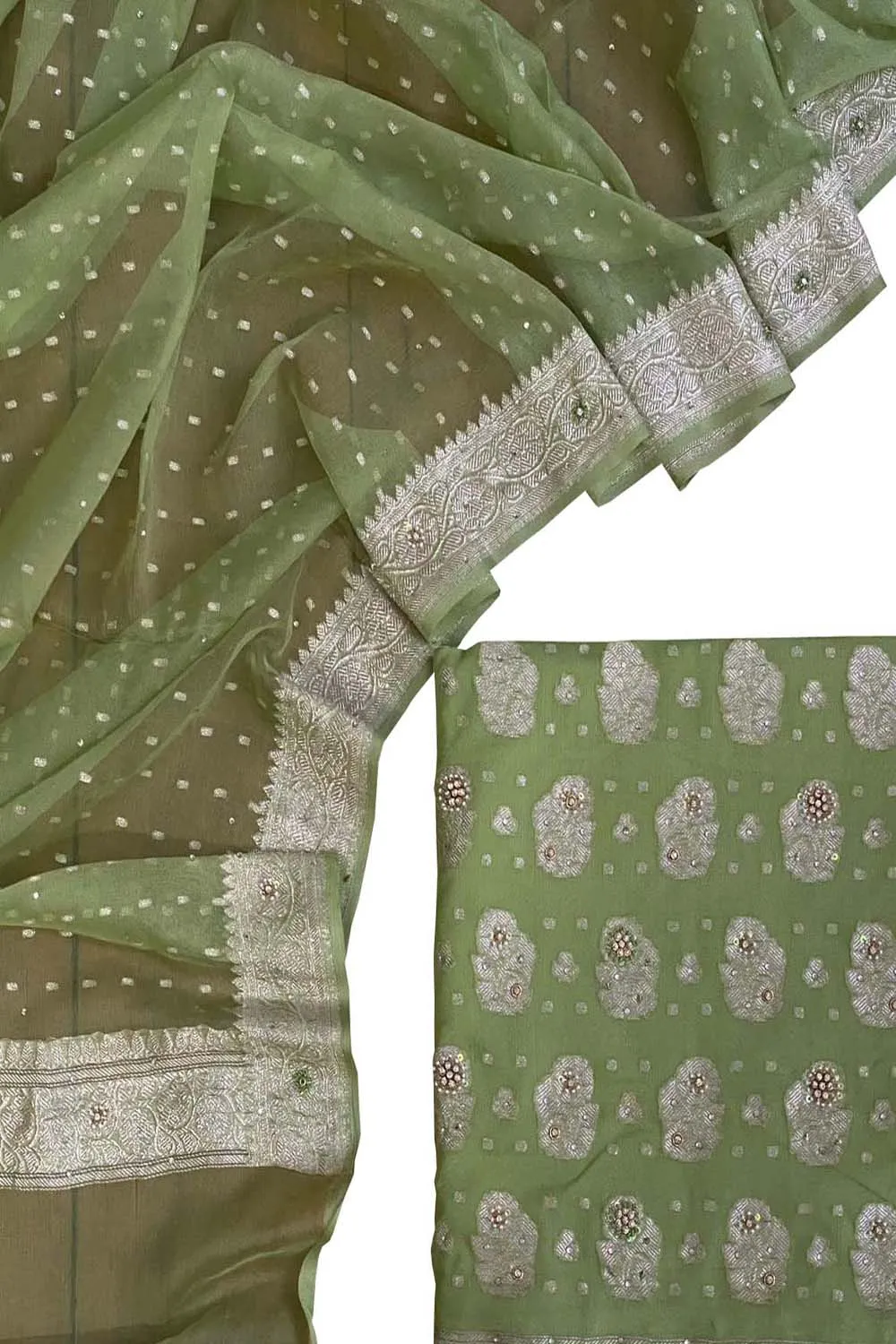 Green Banarasi Chiffon Suit Set with Zardozi Work