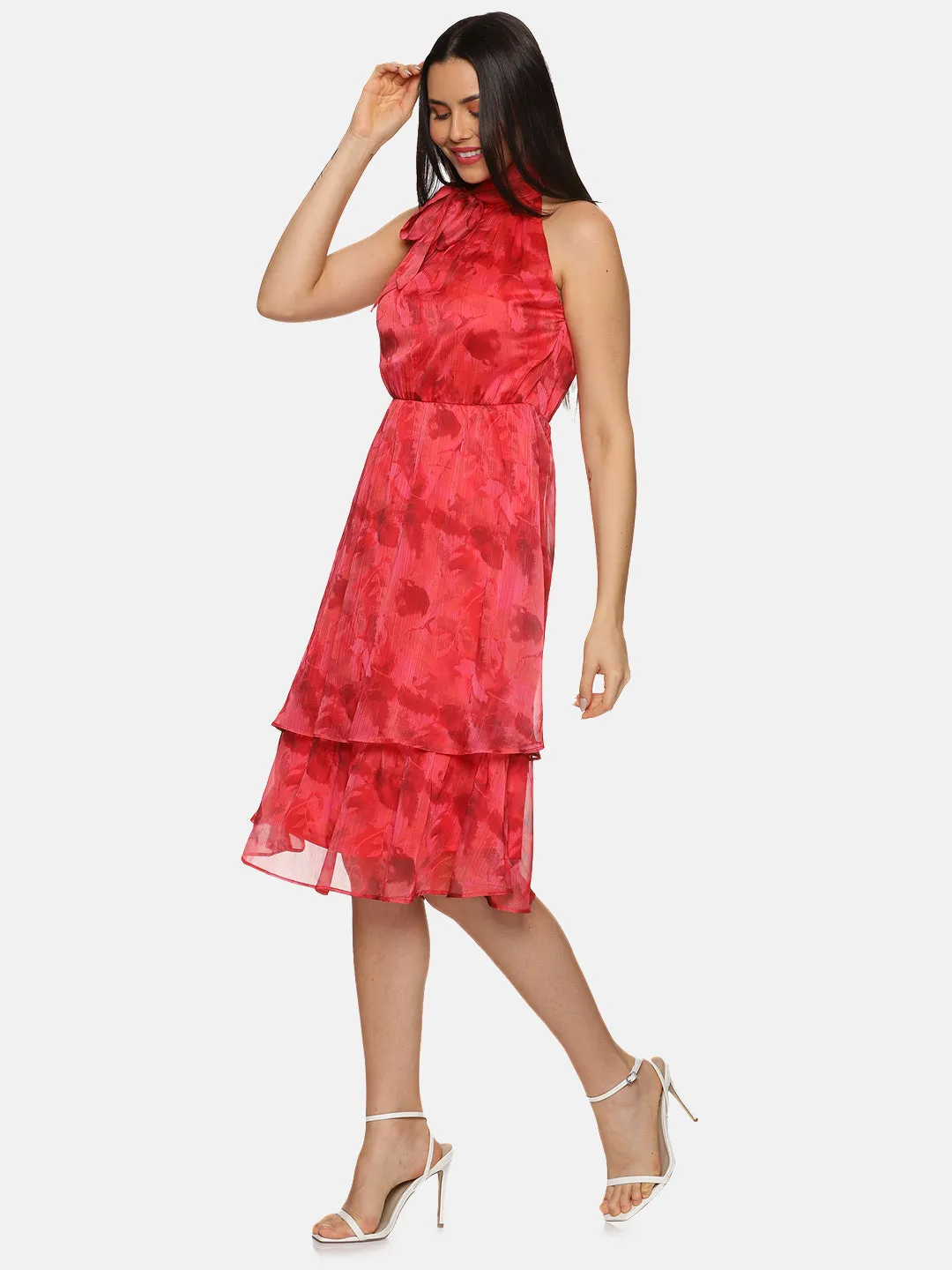 IS.U Abstract Red Halter Tie Neck Midi Dress