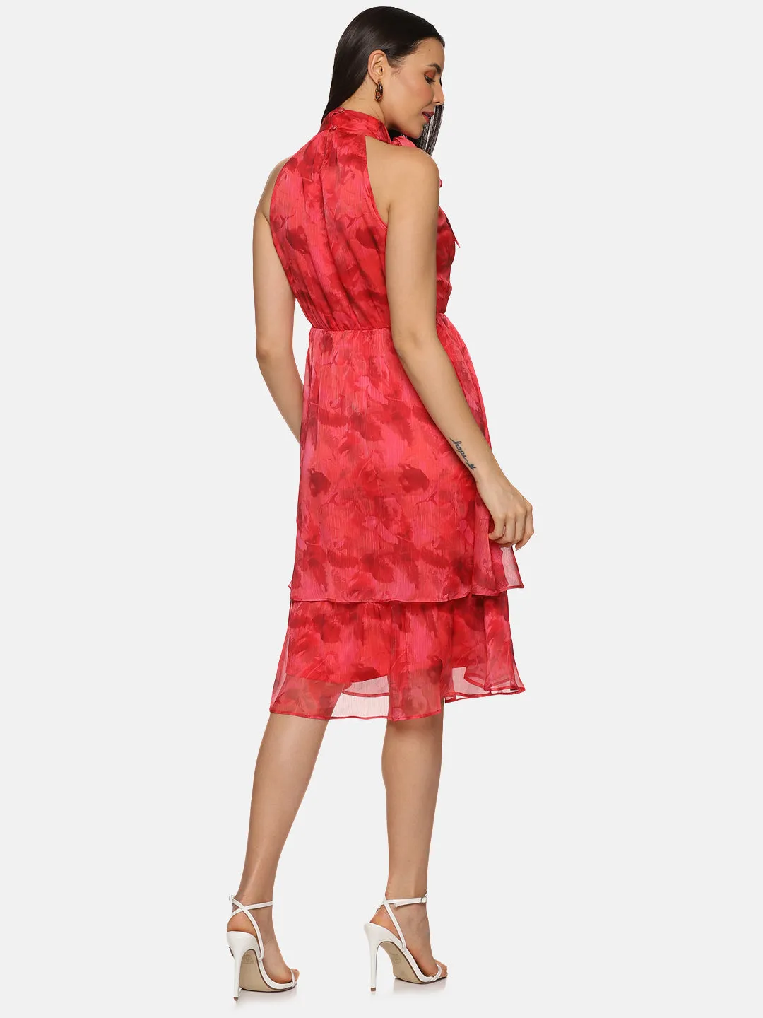 IS.U Abstract Red Halter Tie Neck Midi Dress