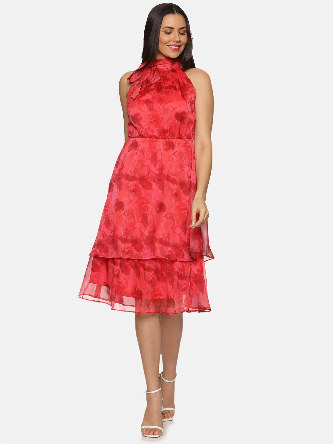 IS.U Abstract Red Halter Tie Neck Midi Dress