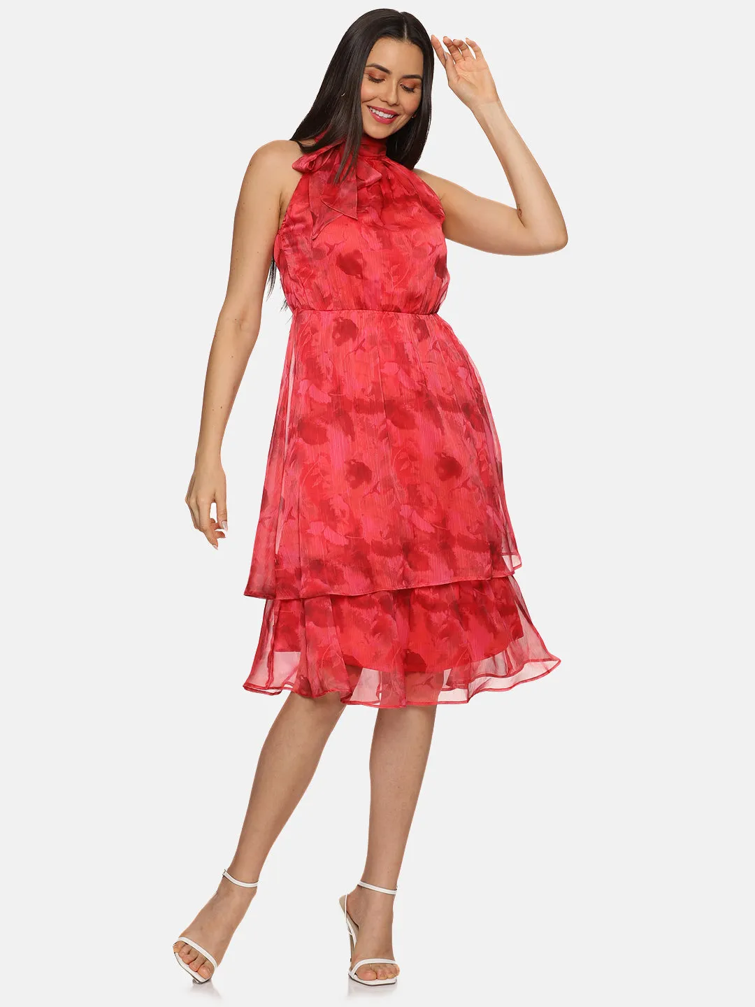 IS.U Abstract Red Halter Tie Neck Midi Dress