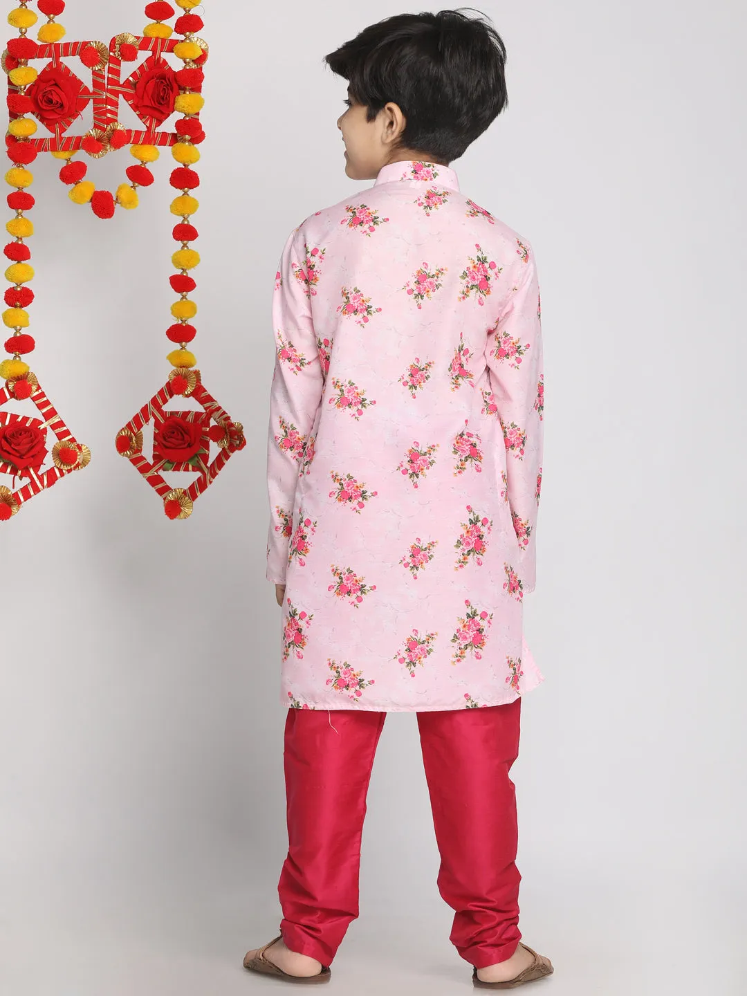 Jashvi Rose Pink Cotton Linen Floral Printed Siblings Set