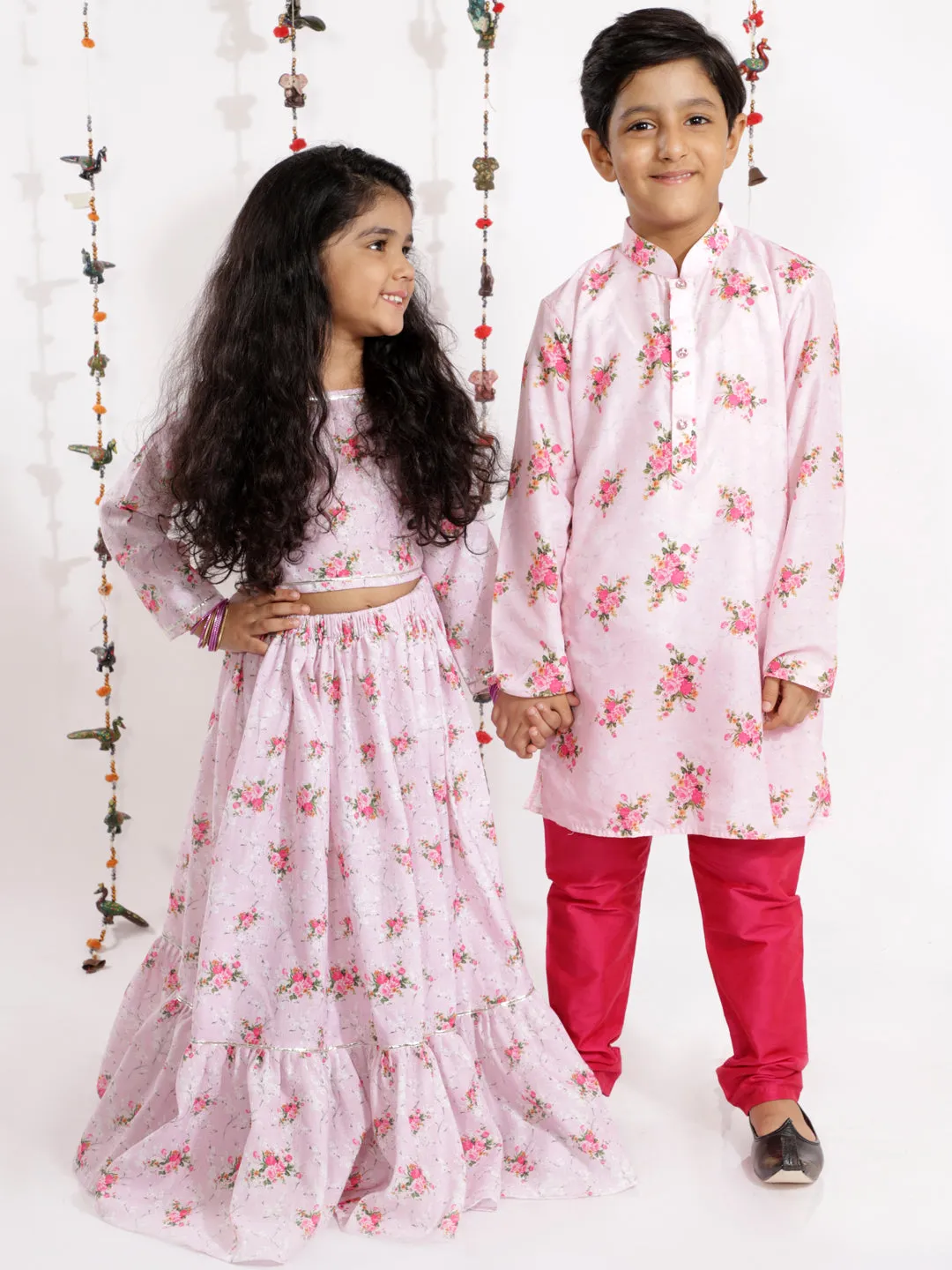 Jashvi Rose Pink Cotton Linen Floral Printed Siblings Set