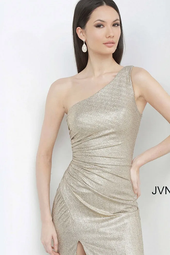 Jovani JVN4734 Size 0 Gold Shimmer Metallic Prom Dress One Shoulder Fitted Slit