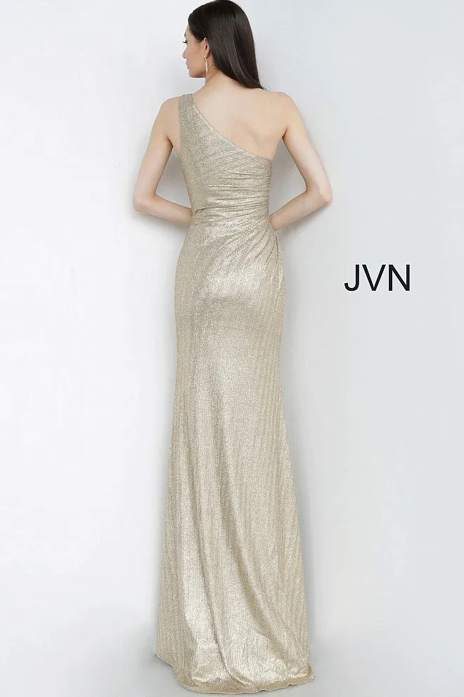 Jovani JVN4734 Size 0 Gold Shimmer Metallic Prom Dress One Shoulder Fitted Slit