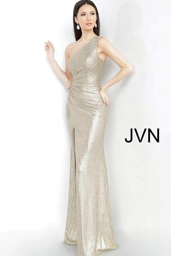 Jovani JVN4734 Size 0 Gold Shimmer Metallic Prom Dress One Shoulder Fitted Slit