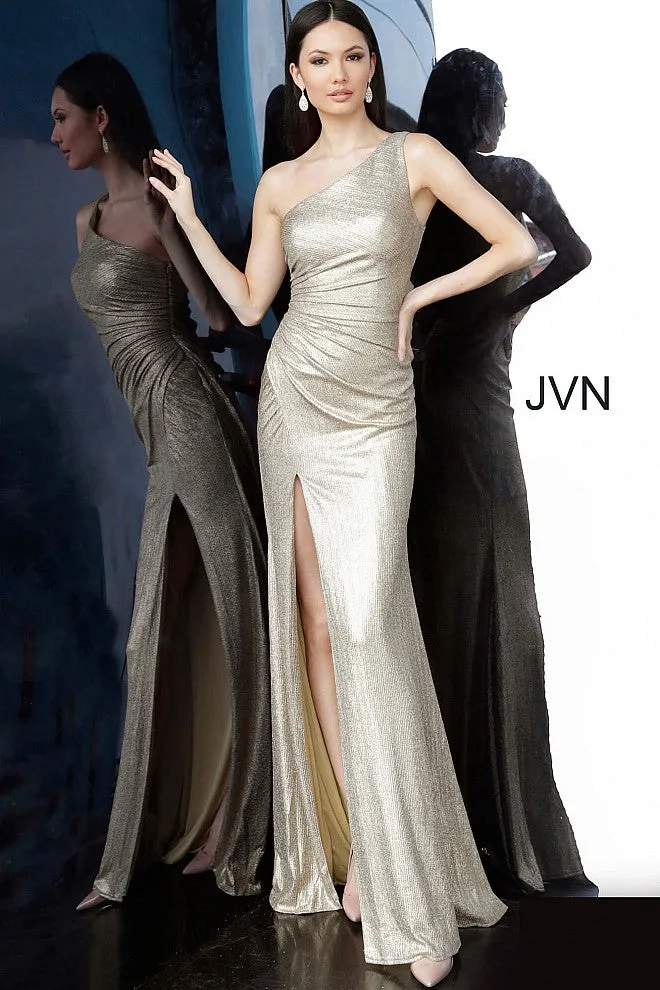 Jovani JVN4734 Size 0 Gold Shimmer Metallic Prom Dress One Shoulder Fitted Slit