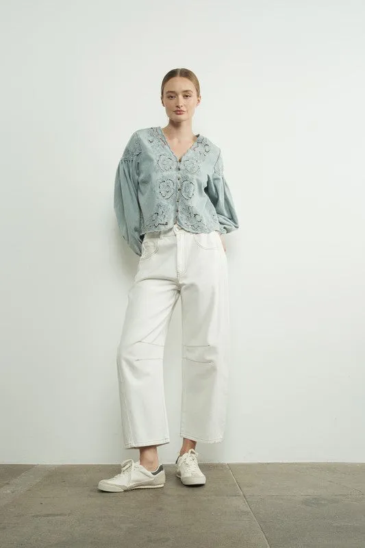 Julie Long Balloon Sleeve Button Down Embroidered Denim Top Light Wash