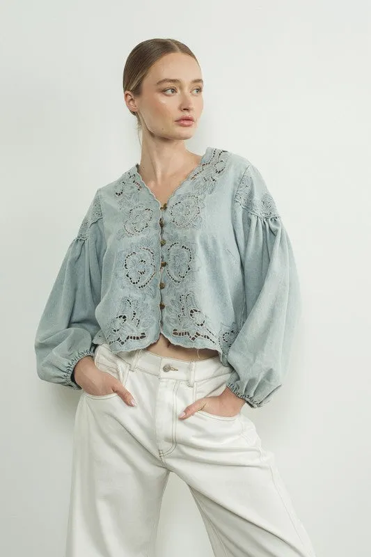 Julie Long Balloon Sleeve Button Down Embroidered Denim Top Light Wash