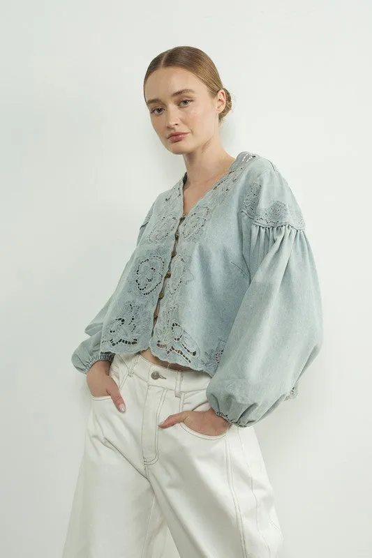 Julie Long Balloon Sleeve Button Down Embroidered Denim Top Light Wash