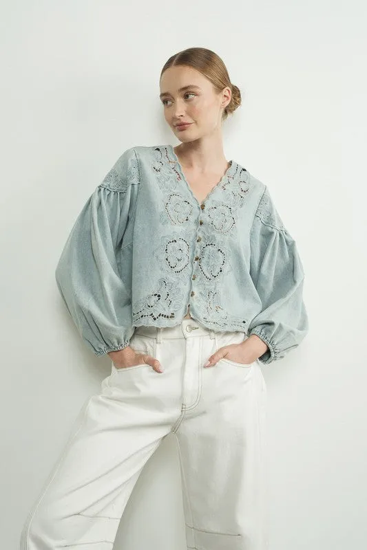 Julie Long Balloon Sleeve Button Down Embroidered Denim Top Light Wash