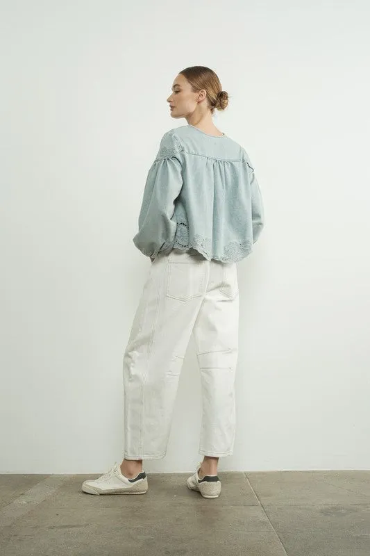 Julie Long Balloon Sleeve Button Down Embroidered Denim Top Light Wash